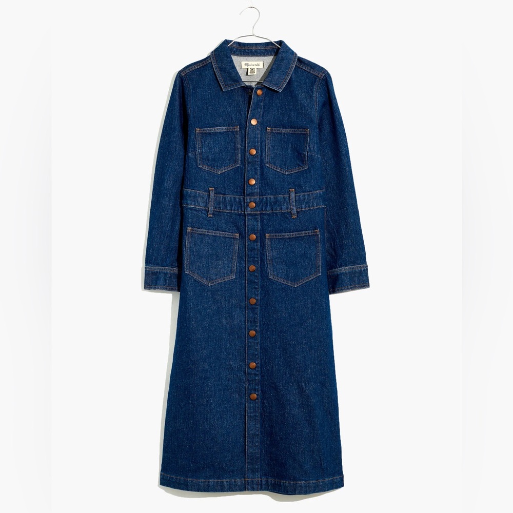 MADEWELL Denim Snap-Front Midi Shirtdress Everthorpe Wash Dark Blue Dress